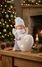 Figurine MagicHome Christmas, Little angel with heart, LED, terracotta, 12x10x15 cm
