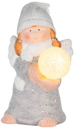 Figura MagicHome, karácsonyi, angyal hógömbbel, LED, terrakotta, 13,5x13x20 cm