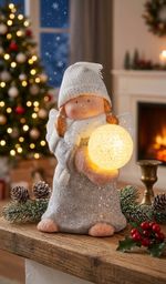 Figurine MagicHome Christmas, Angel with snow globe, LED, terracotta, 13.5x13x20 cm