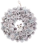 Christmas Wreath MagicHome, natural, cream, hanging, with owl, 40 cm