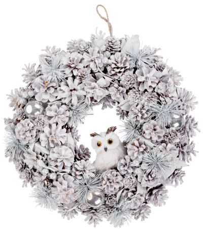 Wreath MagicHome Vianoce, natural, cream, hanging, with owl, 40 cm