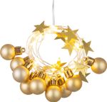 Füzér MagicHome Karácsony Ball, 20x meleg fehér LED, gömbökkel és csillagokkal, arany, 2xAA, folyama