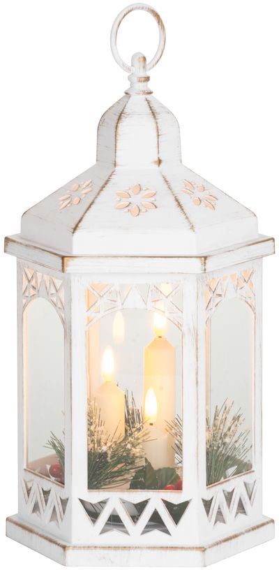 Lantern MagicHome Christmas Morocco, LED warm white, candles, white, 3xAAA, plastic, timer, 18x15x32