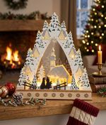 Dekorácia MagicHome Vianoce, Dedinka s kostolom, LED, MDF, 30x7x33,5 cm, 2x AAA