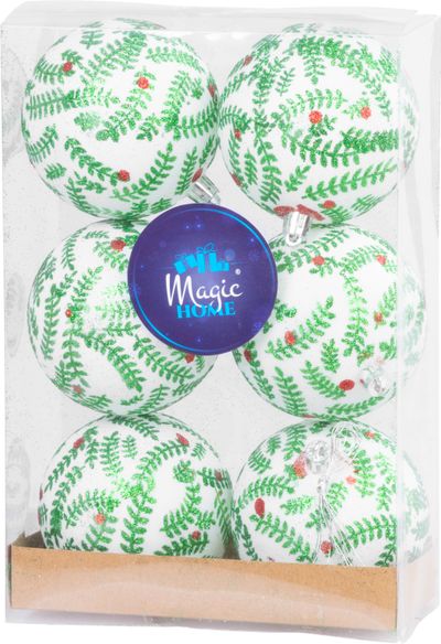 Baubles MagicHome Christmas, 6 pcs, white with glittery ornament, with glitter, matte, with decorati