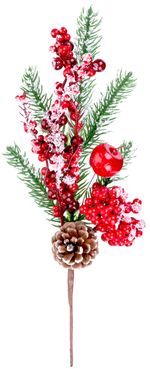 Branch MagicHome Christmas, with berries and cone, red, frosted, 32 cm