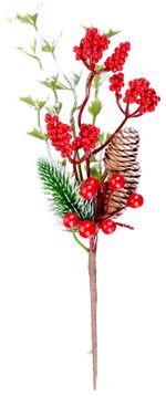 Branch MagicHome Christmas, with berries and cones, red, frosted, 27 cm