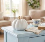 Decoration MagicHome, Pumpkin with Gold Stem, white, porcelain, 12.7x12.3x10.8 cm