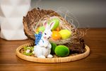 Decoration MagicHome, Rabbit with blue basket, easter, polyresin, 6x4,7x10,5 cm