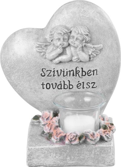 Decoration MagicHome, Heart with angels, polyresin, for grave, 15.5x12x17.5 cm, with Hungarian name