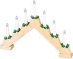 Candle Holder MagicHome Christmas, 7x LED warm white, wood imitation, 2xAA, indoor, 39x4.5x29 cm