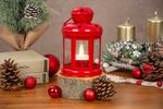 Lámpás MagicHome Karácsonyi, piros, meleg fehér LED gyertyával, 10x15/20 cm