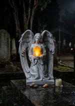 Dekorácia MagicHome, Anjel s krížom, LED, polyresin, na hrob, solar, 23,5x19,5x30,5 cm