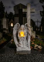 Dekoráció MagicHome, Angyal kereszttel, LED, polirezin, sírhoz, szolár, 23,5x19,5x30,5 cm
