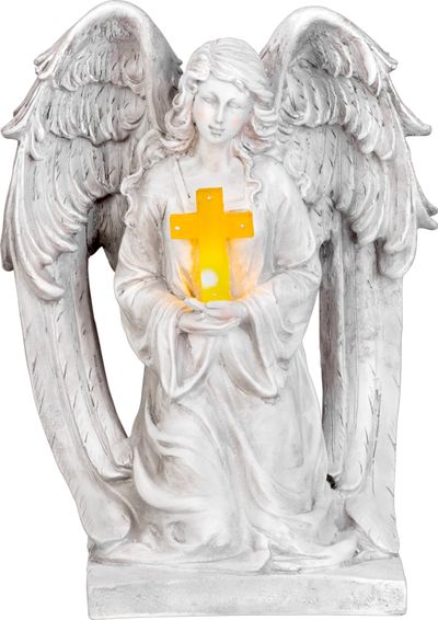 Dekoráció MagicHome, Angyal kereszttel, LED, polirezin, sírra, szolár, 23,5x19,5x30,5 cm
