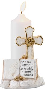 Decoration MagicHome, Cross with candle, LED, polyresin, for grave, 2xAA, 11.5x11.5x18 cm
