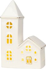 Dekoráció MagicHome, Házikó templommal, LED, fehér, porcelán, 11,2x5,5x17,4 cm