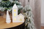 Decoration MagicHome, House with Church, LED, white, porcelain, 11.2x5.5x17.4 cm