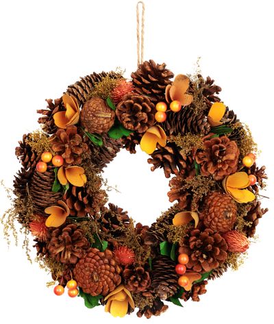 Koszorú MagicHome Nature, őszi, narancssárga, tobozokkal, 30 cm