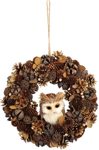 Wreath MagicHome Vianoce, natural, hanging, brown, with owl, 30x8 cm