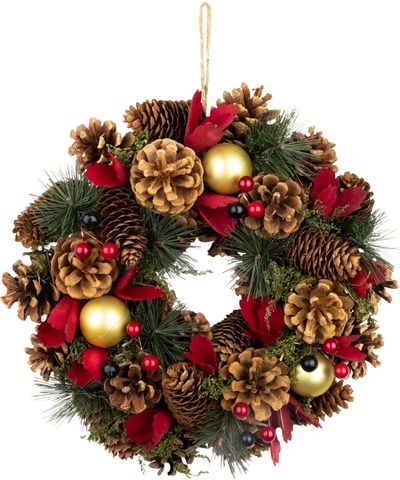 Koszorú MagicHome Vianoce, természetes, függő, piros virágokkal, 30x8 cm