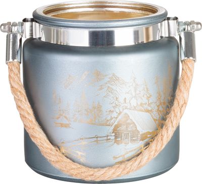 Gyertyatartó MagicHome Karácsony, szürke, tájképpel, zsinórral, 10x10 cm
