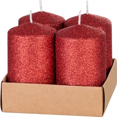 Gyertya MagicHome Karácsony, 4,8x8 cm, hengeres, csomag 4 db, piros, csillámokkal, adventi