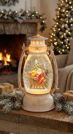 Lampáš MagicHome Vianoce Retro, LED teplá biela, so santom na saniach, s trblietkami, biely, 3xAA, plast, 13x11x24 cm