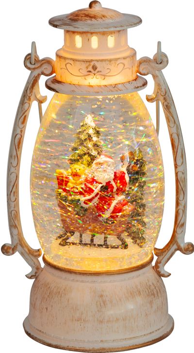 Lámpás MagicHome Karácsony Retro, LED meleg fehér, Mikulással a szánon, csillámokkal, fehér, 3xAA, m