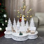 Decoration MagicHome Christmas, Village with deer, 10 LED warm white, 2xAA, MDF, 30x14x19.5 cm