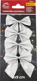 Dekorácia MagicHome Vianoce, mašla, strieborná, bal. 4 ks, 9 x 9 cm