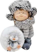 Dekorácia MagicHome Vianoce, dievča so snehovou guľou a tučniakom, LED, 19.5x28x33.5 cm