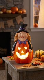 Decoration MagicHome Nature, pumpkin, boy with hat, with light, terracotta, 6.8x7.5x12.8 cm