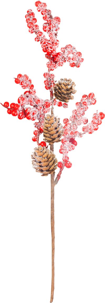 Vetvička MagicHome Vianoce, bobuľky so šiškami, červená, 34 cm