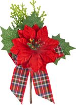 Vetvička MagicHome Vianoce, s kvetom poinsettia a stuhou, červená, 17 cm