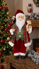 Dekorácia MagicHome Vianoce, Santa, s darčekom a medveďom, červený, 46 cm